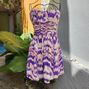 Parker 100% Silk Strapless Dress In Purple Pink Cream Ikat Print Smocked Back